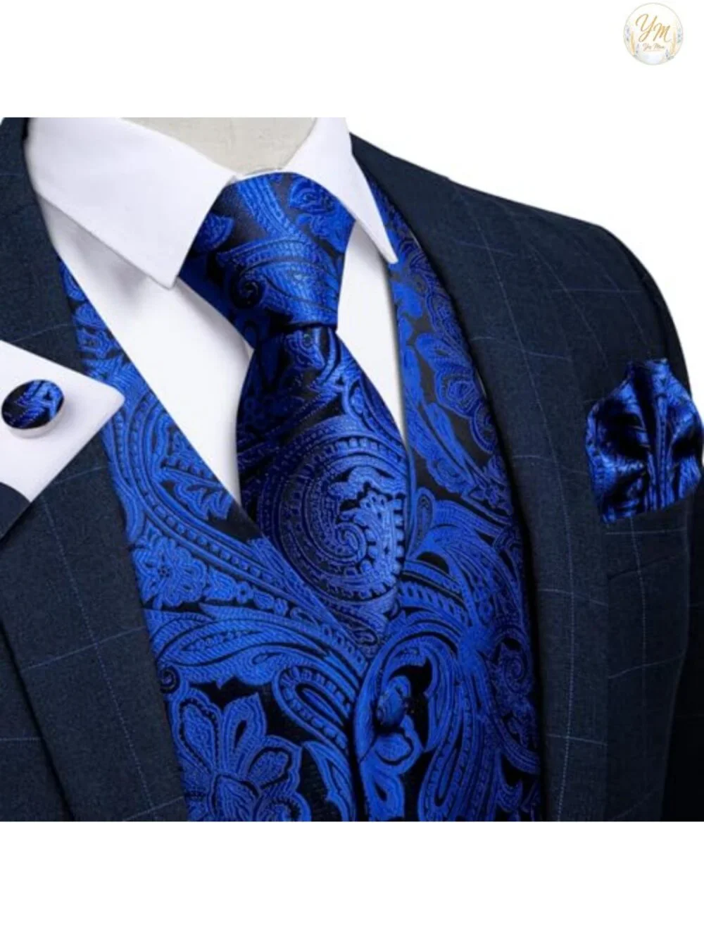 Men's Silk Paisley Vest & Tie Set with Pocket Square, Cufflinks, Tie Clip